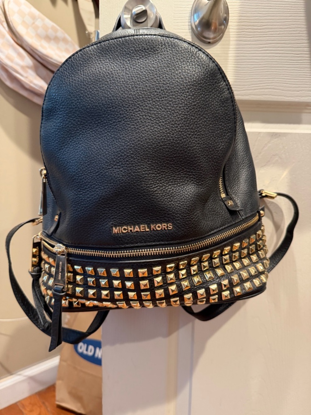 Michael Kors Black Pebbled Leather Mini Backpack with Gold Studs